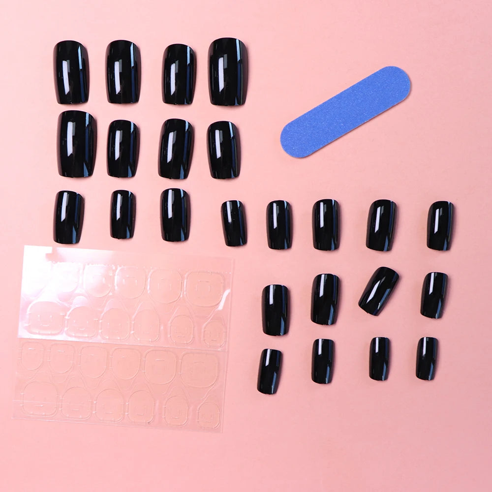 24pcs Medium Press On Nails Square Black High