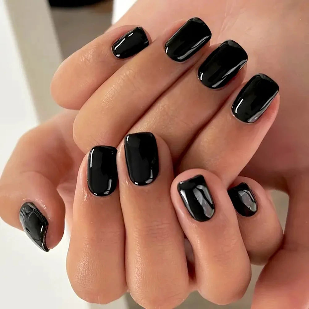 24pcs Medium Press On Nails Square Black High